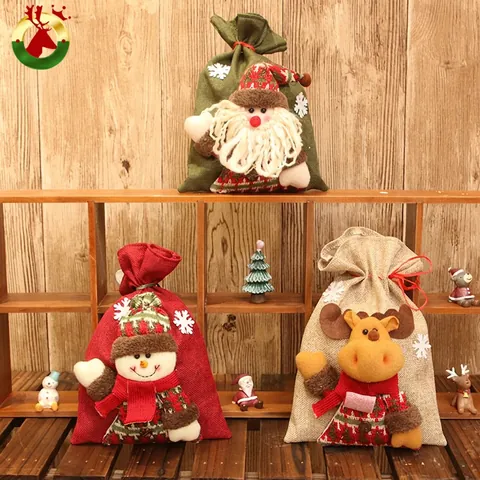 Weihnachtsgeschenktüten Leinen Kordelzugbeutel Plüsch Weihnachtsmann Schneemann Rentier Puppen Feiertag Süßigkeiten Deko