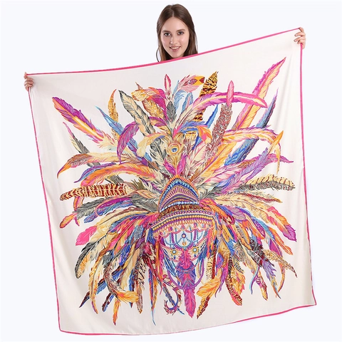 Women Fashion Square Scarf Simulation Satin Twill Satin Feather Crown Print Bohemian Ethnic Shawl Elegant Accessory