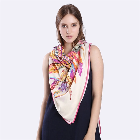Women Fashion Square Scarf Simulation Satin Twill Satin Feather Crown Print Bohemian Ethnic Shawl Elegant Accessory