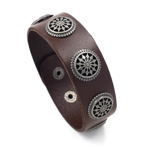 Bracciale Largo In Pelle Di Vacchetta Punk Vintage Con Borchie Girasole In Lega E Bottone A Pressione Da Uomo