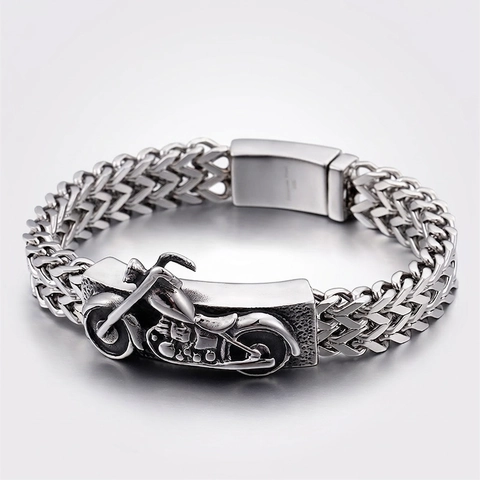 Bracelet Motard Moto Homme Acier Inoxydable 316L Vintage Double Rangée Chaîne Tressée Bijoux Style Punk Rétro