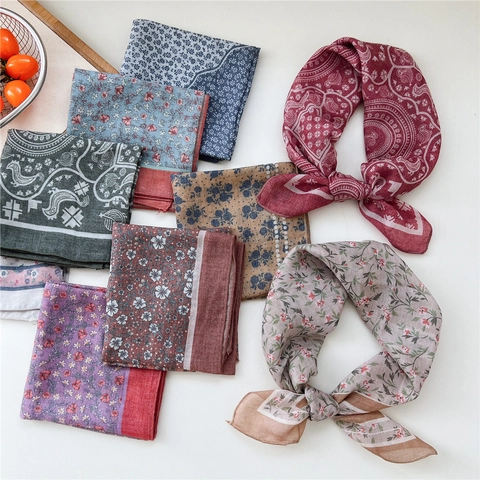 Vintage Floral Square Scarf Bandana Cotton Polyester Blend Retro Print Neck Wrap Headband For Women Elegant Pastoral Style