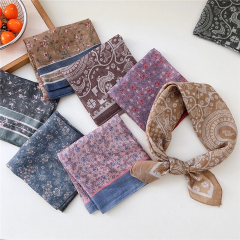 Vintage Floral Square Scarf Bandana Cotton Polyester Blend Retro Print Neck Wrap Headband For Women Elegant Pastoral Style