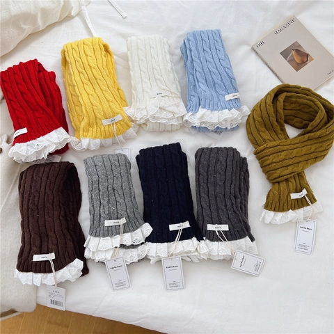Écharpe En Tricot Torsadé Femme Bordure Dentelle Mélange Laine Chaud Hiver Couleur Unie Tour De Cou Mode Longue Étroite