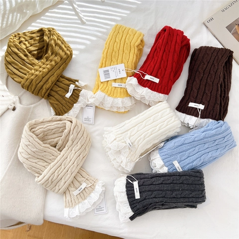 Écharpe En Tricot Torsadé Femme Bordure Dentelle Mélange Laine Chaud Hiver Couleur Unie Tour De Cou Mode Longue Étroite