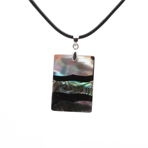 Collar Con Colgante Rectangular Concha De Abulón Arcoíris Rayas Negras Cadena De Cuerda Joyería Geométrica