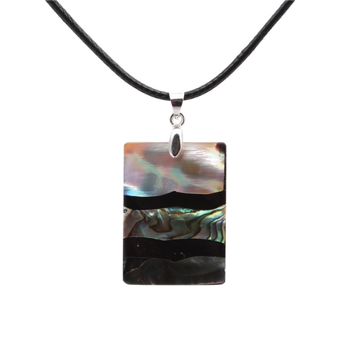 Collar Con Colgante Rectangular Concha De Abulón Arcoíris Rayas Negras Cadena De Cuerda Joyería Geométrica