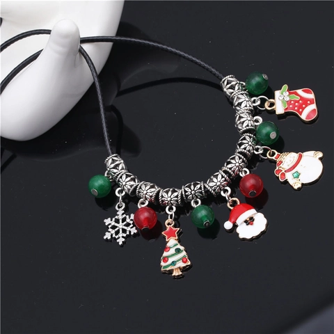 Christmas Beaded Choker Necklace Enamel Santa Snowman Tree Pendants Alloy Holiday Jewelry For Women