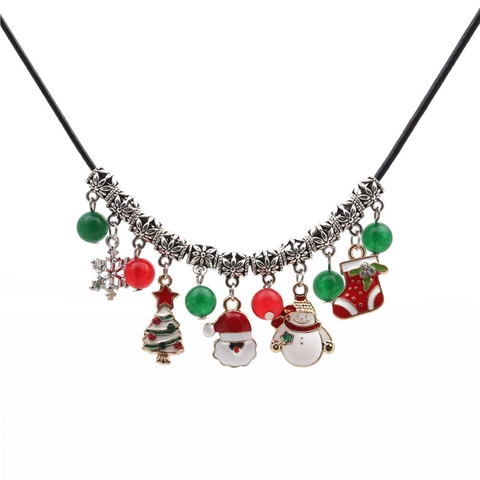 Christmas Beaded Choker Necklace Enamel Santa Snowman Tree Pendants Alloy Holiday Jewelry For Women
