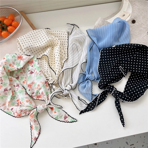 Foulard Triangolare Donna Bandana Pois Righe Floreale Leggero Scaldacollo Bordo Ondulato Accessorio Capelli Stile Coreano