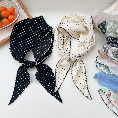 Foulard Triangolare Donna Bandana Pois Righe Floreale Leggero Scaldacollo Bordo Ondulato Accessorio Capelli Stile Coreano