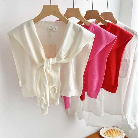 Knitted Shawl Wrap Decorative False Collar Bow Tie Ribbed Trim Solid Color Sweet Versatile Fashion Accessory