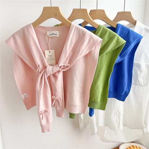 Knitted Shawl Wrap Decorative False Collar Bow Tie Ribbed Trim Solid Color Sweet Versatile Fashion Accessory