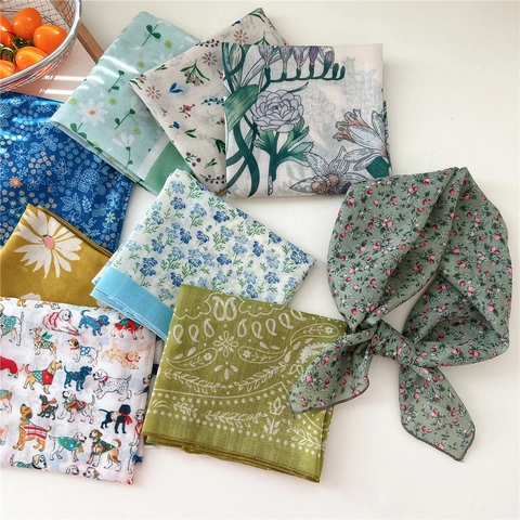 Square Scarf Bandana Cotton Polyester Blend Floral Print Cartoon Dog Pattern Headband Neckerchief For Women Korean Style