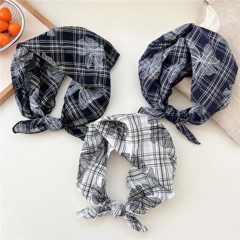 Square Scarf Bandana Polyester Gingham Floral Print Retro Headscarf Neck Scarf For Women Fresh Style
