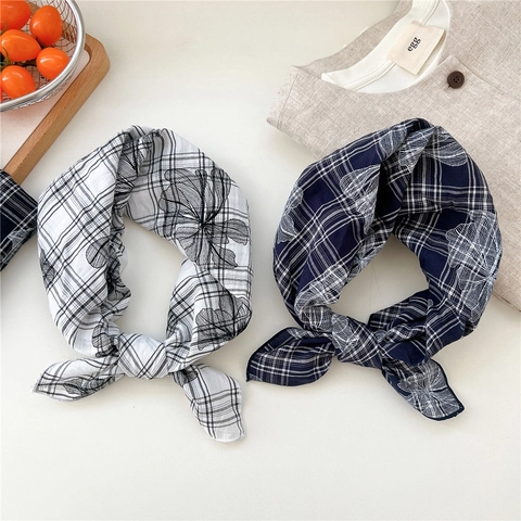 Square Scarf Bandana Polyester Gingham Floral Print Retro Headscarf Neck Scarf For Women Fresh Style