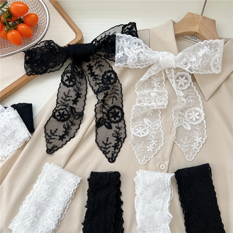 Women Lace Floral Embroidery Narrow Long Scarf Vintage Sweet Scalloped Edge Decorative Neck Scarf Silk Feel Hairband Streamer