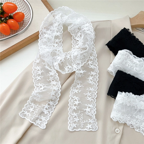 Women Lace Floral Embroidery Narrow Long Scarf Vintage Sweet Scalloped Edge Decorative Neck Scarf Silk Feel Hairband Streamer