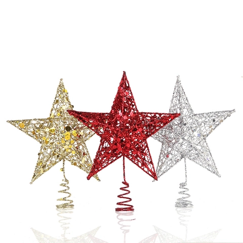 Christmas Tree Topper Star Iron Hollow Out Five Pointed With Glitter Sequins Holiday Party Decor Shimmering
