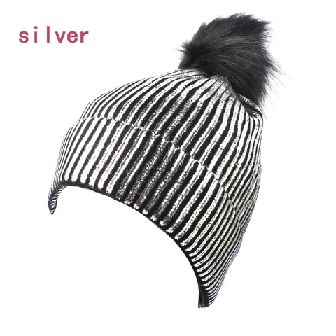 Metallic Bronzing Striped Beanie Hat With Pompom Acrylic Knit Warm Winter Thermal Slouchy Skull Cap For Women
