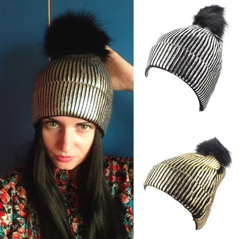 Metallic Bronzing Striped Beanie Hat With Pompom Acrylic Knit Warm Winter Thermal Slouchy Skull Cap For Women