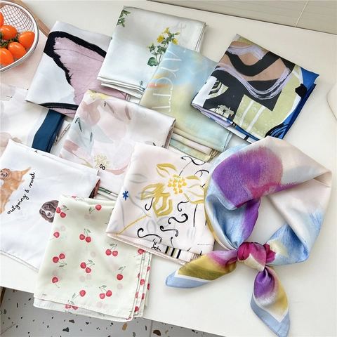 Square Scarf Satin Polyester Simulation Satin Printed Floral Animal Pattern Elegant Neck Kerchief Head Scarf For Women Accessories