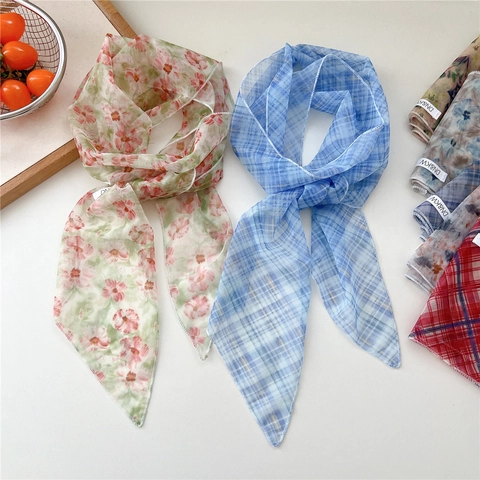 Lange Dunne Mesh Sjaal Dames Elastisch Chiffon Halssjaal Bloemen Ruitjes Print Haarband Tas Decoratie