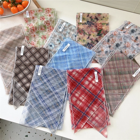 Lange Dunne Mesh Sjaal Dames Elastisch Chiffon Halssjaal Bloemen Ruitjes Print Haarband Tas Decoratie