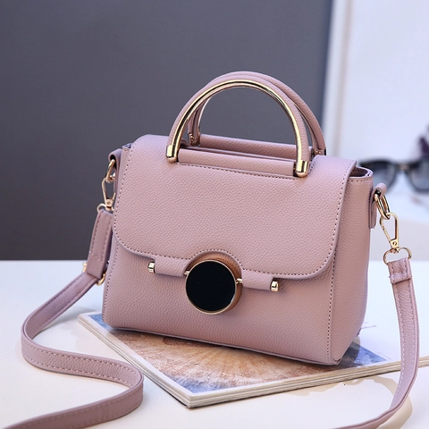 Women Crossbody Handbag PU Leather Pebbled Texture Metal Top Handle Round Lock Elegant Daily Purse