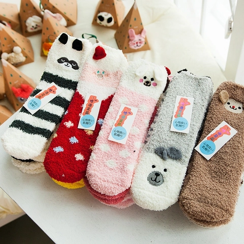 Calze Da Pavimento In Pile Corallo Ispessite Calde Peluche Ricamo Animali Cartoni Animati Per Bambini Donne Con Scatola Regalo