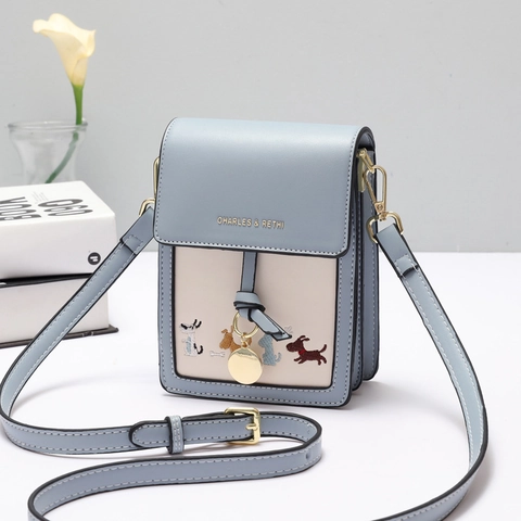 Women PU Leather Crossbody Phone Bag Sweet Dog Embroidery Mini Shoulder Bag Color Blocking Adjustable Strap Trendy