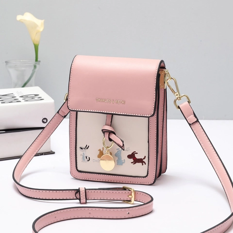 Bolso Bandolera Mini Para Teléfono Cuero PU Color Contrastante Bordado De Perro Bolso De Hombro Mujer
