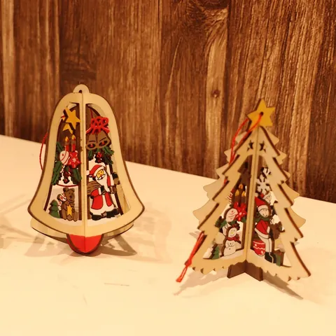 Christmas Wooden 3D Hanging Ornaments Laser Cut Star Bell Tree Shape For Holiday Party Decor Santa Snowman Pattern