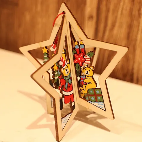 Christmas Wooden 3D Hanging Ornaments Laser Cut Star Bell Tree Shape For Holiday Party Decor Santa Snowman Pattern