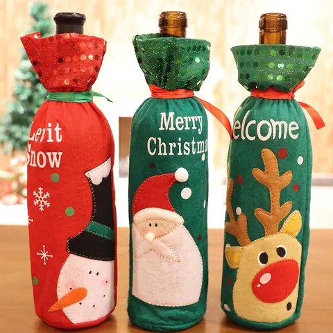 Christmas Wine Bottle Cover Sequin Non-woven Fabric Santa Claus Snowman Reindeer Applique Holiday Table Party Decor
