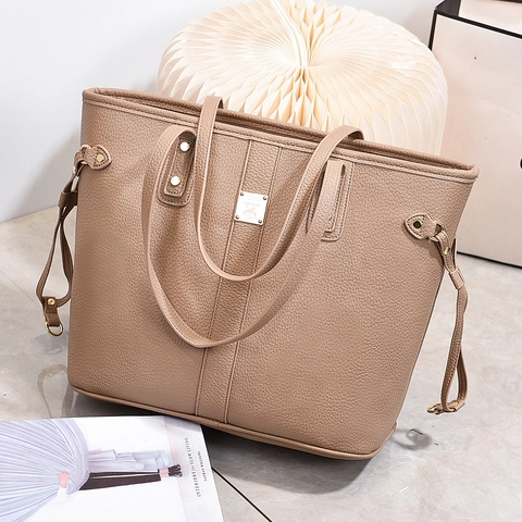 Women Large Capacity Tote Bag Litchi Texture PU Leather Handbag Gold Hardware Adjustable Side Straps Commuter Shoulder Bag