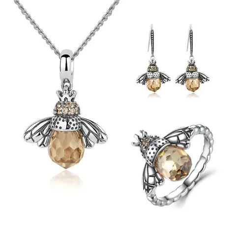 925 Sterling Silver Cute Bee Jewelry Set Yellow Zirconia Inlaid Necklace Earrings Ring Bracelet For Women Gift Bee Collection
