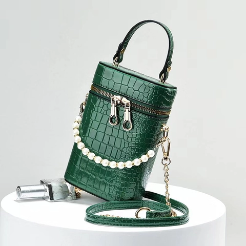Borsa a Mano Cilindrica da Donna in Pelle PU con Motivo Pietra Borsa a Tracolla a Secchiello con Catena di Perle