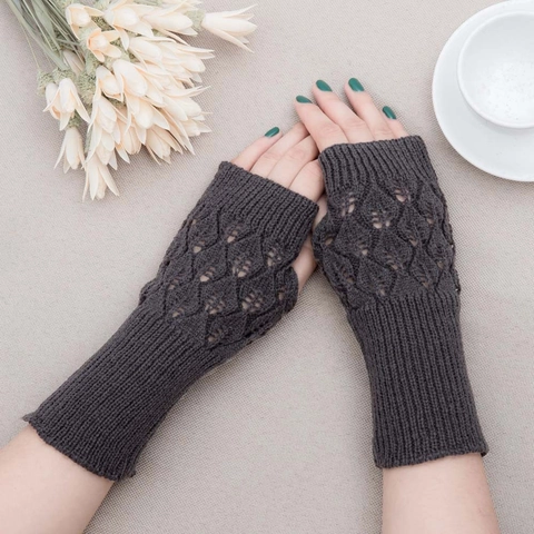 Women Long Fingerless Gloves Acrylic Knit Hollow Leaf Pattern Ribbed Cuffs Winter Warm Arm Warmers Soft