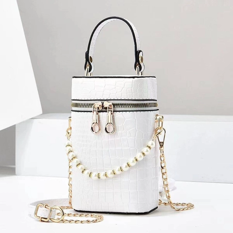 Borsa a Mano Cilindrica da Donna in Pelle PU con Motivo Pietra Borsa a Tracolla a Secchiello con Catena di Perle