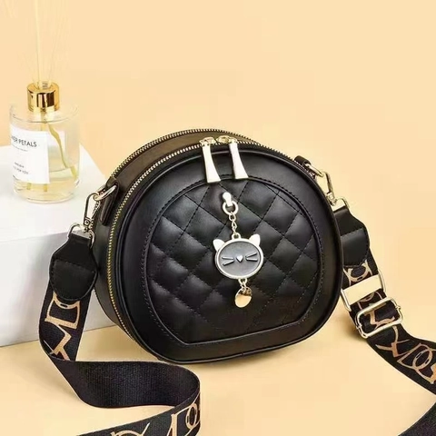 Women Round Crossbody Bag PU Leather Quilted Lattice Pattern Cat Metal Charm Wide Patterned Strap Double Zipper Fashion