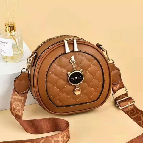 Women Round Crossbody Bag PU Leather Quilted Lattice Pattern Cat Metal Charm Wide Patterned Strap Double Zipper Fashion