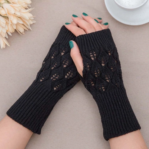 Women Fingerless Knitted Long Gloves Acrylic Hollow Out Leaf Pattern Warm Winter Arm Warmers Mittens Elegant Fashion Accessories