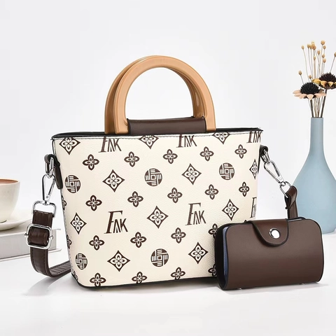 Borsa A Mano E Pochette Con Stampa Plaid Monogramma Pelle PU Manico In Legno Tracolla Regolabile Da Donna