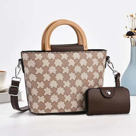 Borsa A Mano E Pochette Con Stampa Plaid Monogramma Pelle PU Manico In Legno Tracolla Regolabile Da Donna