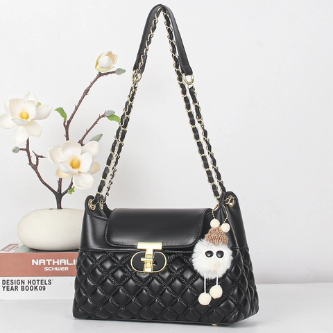 Women Quilted Shoulder Bag PU Leather Crossbody Handbag With Chain Strap T-Lock And Plush Charm Chic Fashion