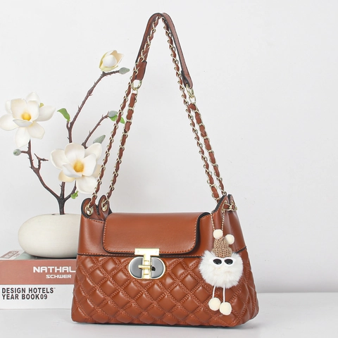 Women Quilted Shoulder Bag PU Leather Crossbody Handbag With Chain Strap T-Lock And Plush Charm Chic Fashion