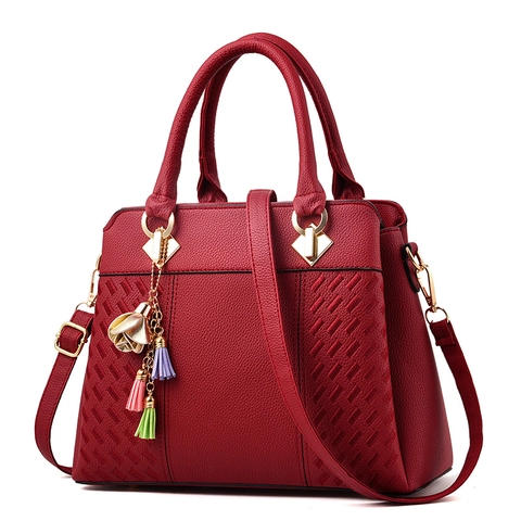 Elegante Damen Handtasche PU Leder Litschi Narbung Gewebte Textur Schulter Umhängetasche Mit Quasten Blumen Anhänger Goldene Hardware