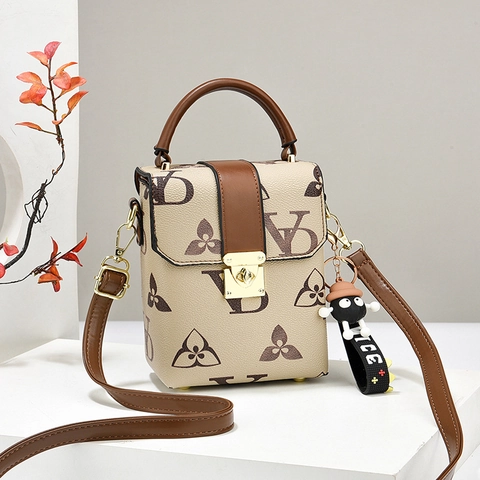 Piccola Borsa A Tracolla Vintage Con Stampa Monogramma Da Donna Pelle PU Porta Cellulare Con Ciondolo Cartone Animato Manico
