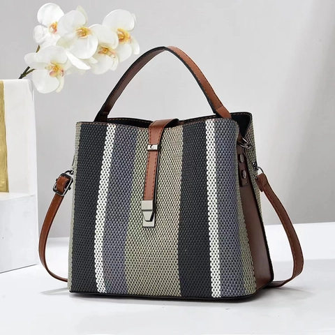 Gestreifte Beuteltasche Damen Canvas PU Leder Kontrastfarbe Große Kapazität Schultertasche Mit Metallschnalle